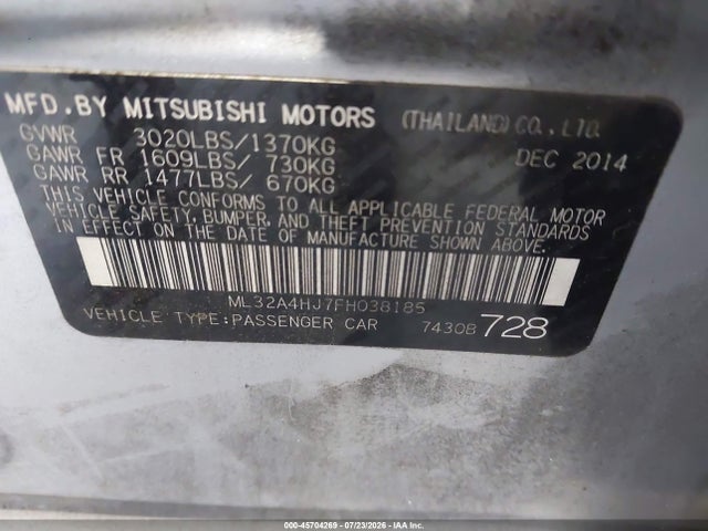 Продаж на аукціоні авто 2015 Mitsubishi Mirage Es, vin: ML32A4HJ7FH038185, номер лоту: 45704269