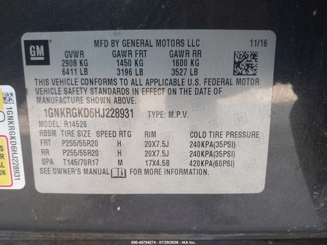 Продаж на аукціоні авто 2017 Chevrolet Traverse Lt, vin: 1GNKRGKD6HJ228931, номер лоту: 45704274