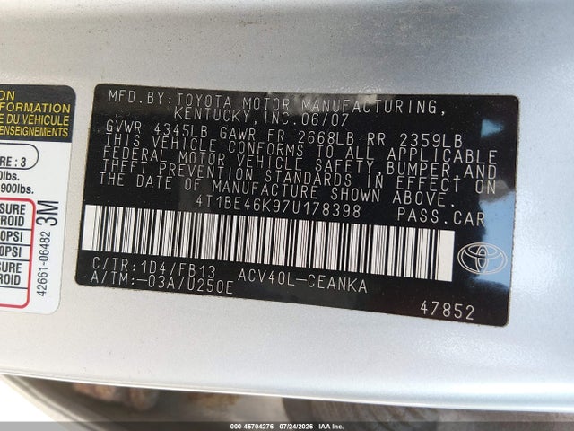 Продаж на аукціоні авто 2007 Toyota Camry Le, vin: 4T1BE46K97U178398, номер лоту: 45704276