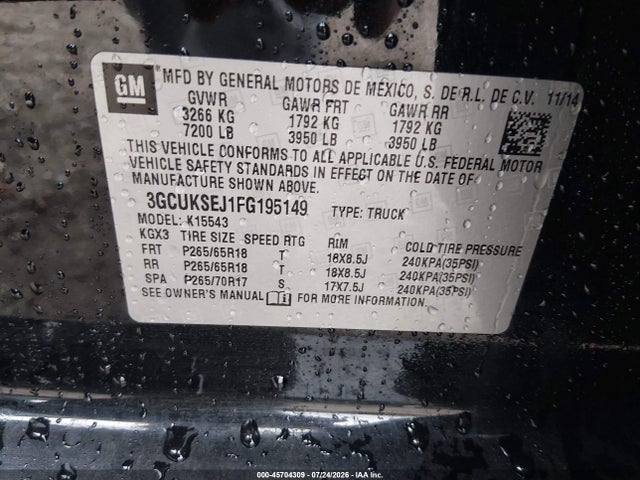 45704309 :رقم المزاد ، 3GCUKSEJ1FG195149 vin ، 2015 Chevrolet Silverado 1500 Ltz مزاد بيع