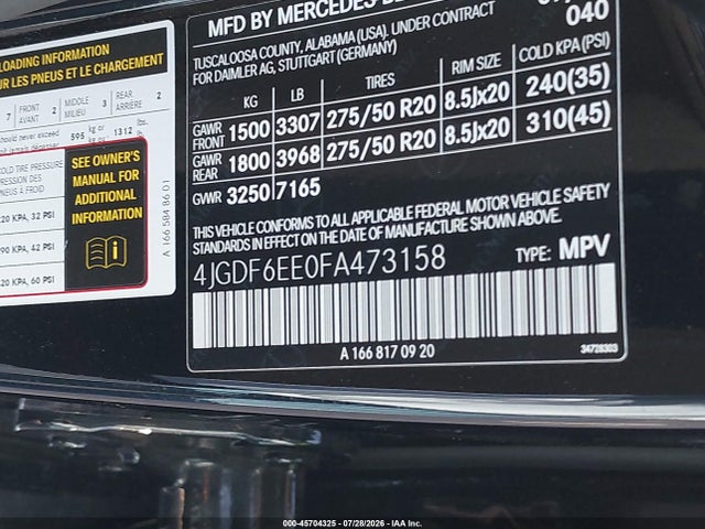 45704325 :رقم المزاد ، 4JGDF6EE0FA473158 vin ، 2015 Mercedes-benz Gl 450 4matic مزاد بيع