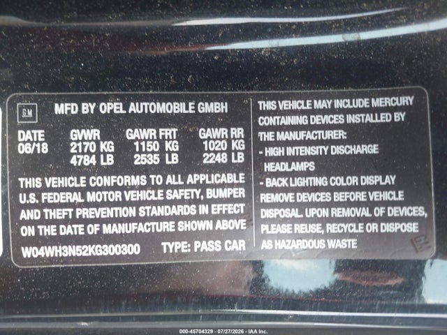 Продаж на аукціоні авто 2019 Buick Cascada Premium, vin: W04WH3N52KG300300, номер лоту: 45704329