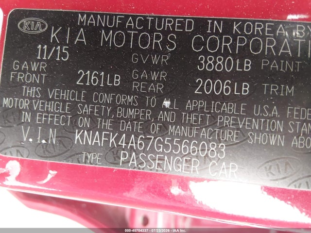 Aukcja sprzedaży 2016 Kia Forte Lx, vin: KNAFK4A67G5566083, numer aukcji: 45704337