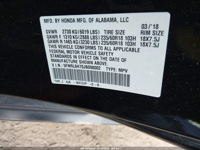 2018 Honda Odyssey Ex-l მანქანა იყიდება აუქციონზე, vin: 5FNRL6H70JB098002, აუქციონის ნომერი: 45704343