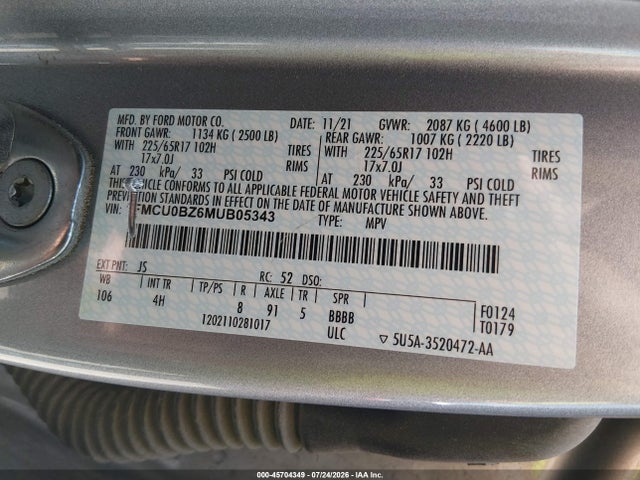 45704349 :رقم المزاد ، 1FMCU0BZ6MUB05343 vin ، 2021 Ford Escape Se Hybrid مزاد بيع