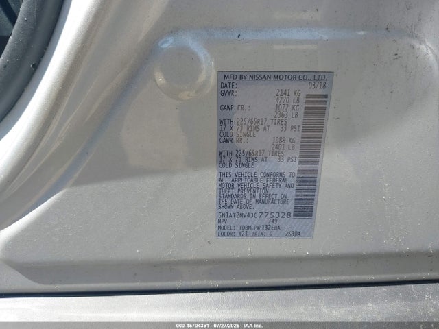 2018 Nissan Rogue S მანქანა იყიდება აუქციონზე, vin: 5N1AT2MV4JC775328, აუქციონის ნომერი: 45704361