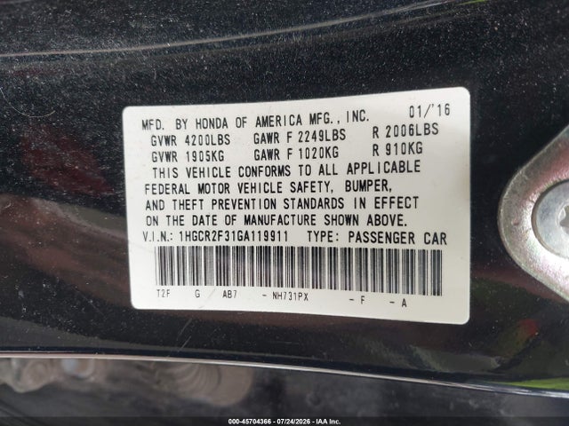 Продаж на аукціоні авто 2016 Honda Accord Lx, vin: 1HGCR2F31GA119911, номер лоту: 45704366