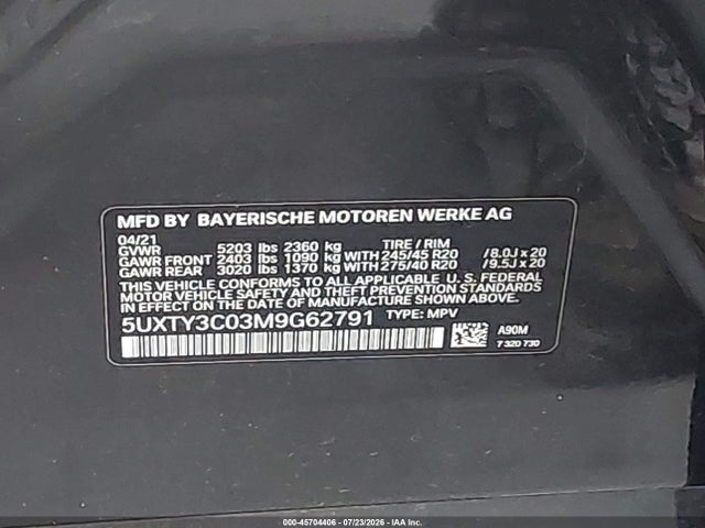 45704406 :رقم المزاد ، 5UXTY3C03M9G62791 vin ، 2021 Bmw X3 Sdrive30i مزاد بيع