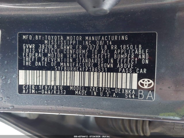 45704412 :رقم المزاد ، 5YFBURHE4FP186531 vin ، 2015 Toyota Corolla Le مزاد بيع