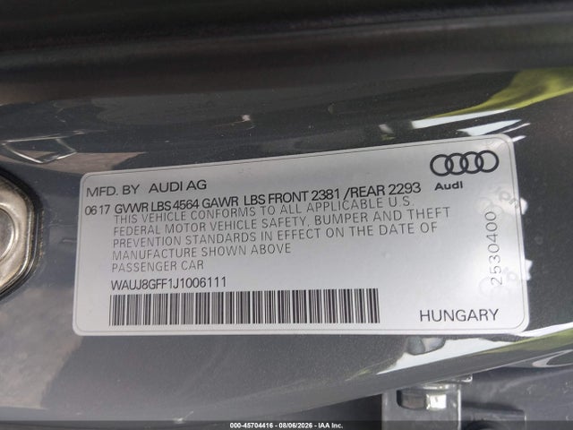 Aukcja sprzedaży 2018 Audi A3 2.0t Premium/2.0t Tech Premium, vin: WAUJ8GFF1J1006111, numer aukcji: 45704416