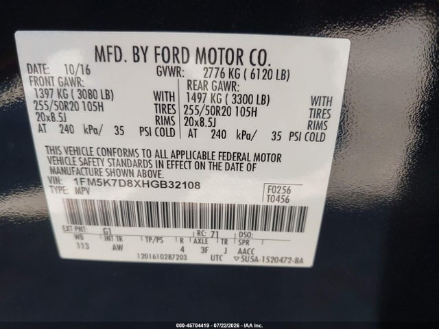Ford EXPLORER XLT 2017 1FM5K7D8XHGB32108 Image 9