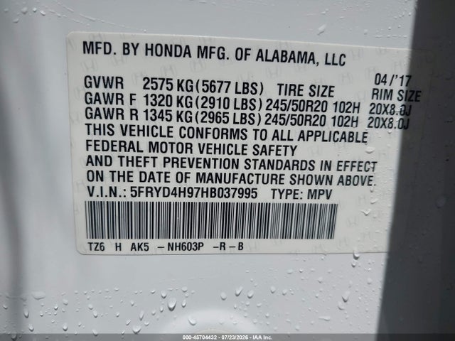 Aukcja sprzedaży 2017 Acura Mdx Advance   Entertainment Pkgs, vin: 5FRYD4H97HB037995, numer aukcji: 45704432