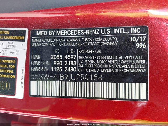 45704433 :رقم المزاد ، 55SWF4JB9JU250158 vin ، 2018 Mercedes-benz C 300 مزاد بيع