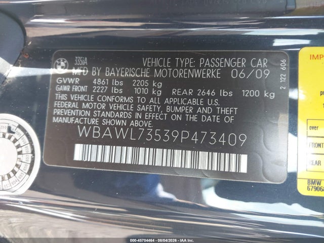 Aukcja sprzedaży 2009 Bmw 335i, vin: WBAWL73539P473409, numer aukcji: 45704464