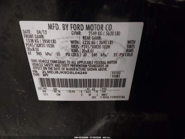 Aukcja sprzedaży 2013 Lincoln Mkx, vin: 2LMDJ8JK9DBL04249, numer aukcji: 45704490