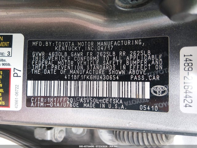 Продажа на аукционе авто 2017 Toyota Camry Se, vin: 4T1BF1FK6HU430654, номер лота: 45704496