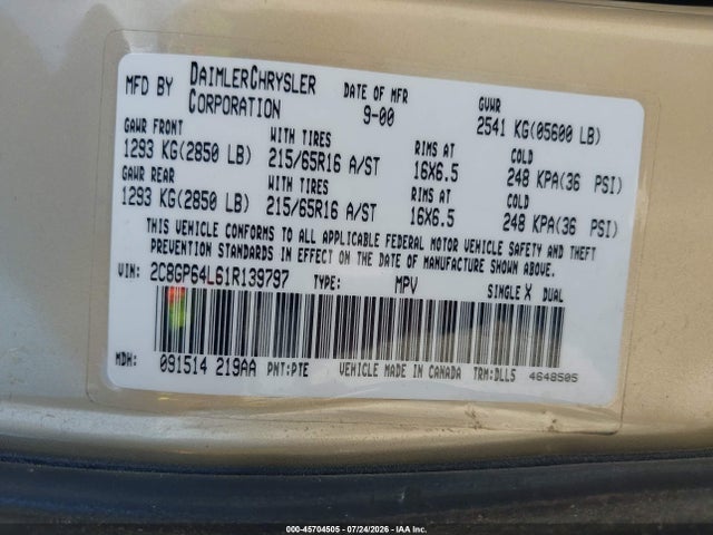 45704505 :رقم المزاد ، 2C8GP64L61R139797 vin ، 2001 Chrysler Town & Country Limited مزاد بيع