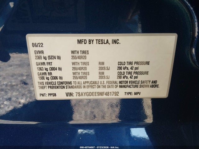 7SAYGDEE9NF481792 Tesla Model Y Long Range Dual Motor All-wheel Drive