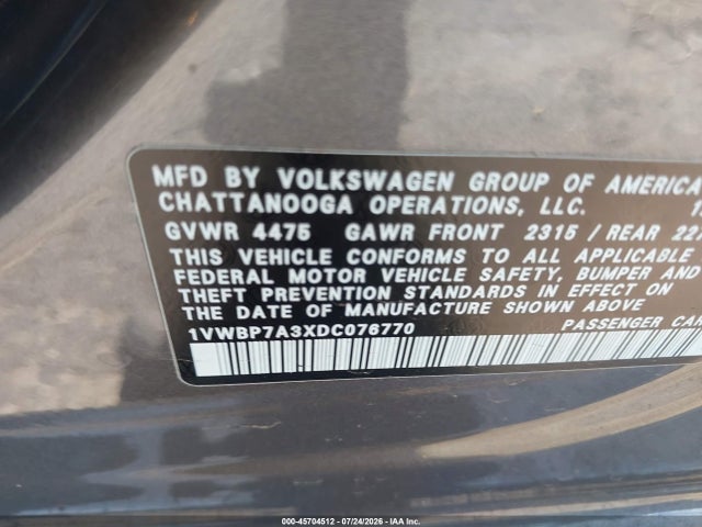 Продаж на аукціоні авто 2013 Volkswagen Passat 2.5l Se, vin: 1VWBP7A3XDC076770, номер лоту: 45704512