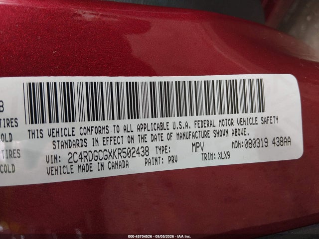 45704526 :رقم المزاد ، 2C4RDGCGXKR502438 vin ، 2019 Dodge Grand Caravan Sxt مزاد بيع
