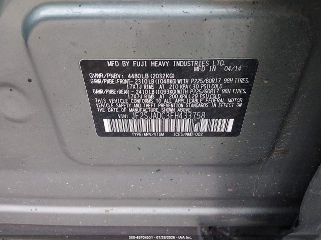 Продаж на аукціоні авто 2015 Subaru Forester 2.5i Premium, vin: JF2SJADC3FH433758, номер лоту: 45704531