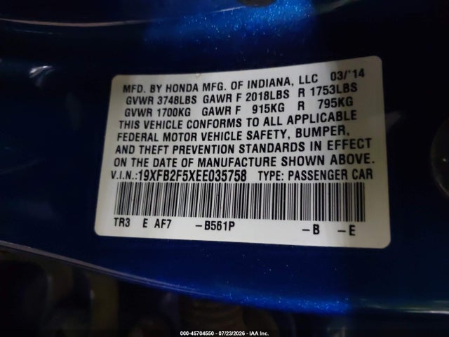 2014 Honda Civic Lx მანქანა იყიდება აუქციონზე, vin: 19XFB2F5XEE035758, აუქციონის ნომერი: 45704550