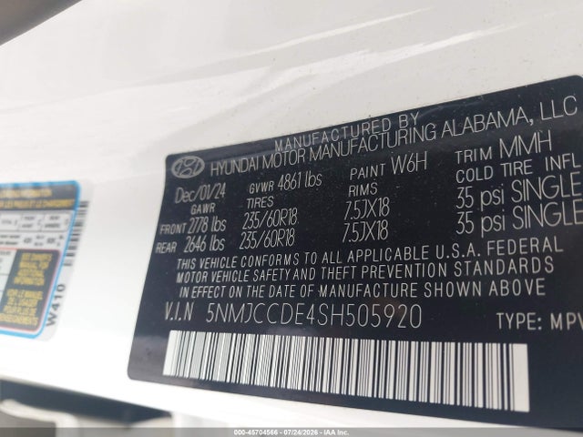 Aukcja sprzedaży 2025 Hyundai Tucson Sel Convenience, vin: 5NMJCCDE4SH505920, numer aukcji: 45704566