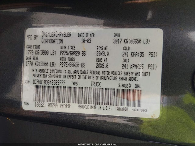 45704573 :رقم المزاد ، 1D7HU18D64S569777 vin ، 2004 Dodge Ram 1500 Slt/laramie مزاد بيع