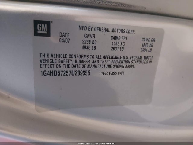 Aukcja sprzedaży 2007 Buick Lucerne Cxl, vin: 1G4HD57257U209356, numer aukcji: 45704577