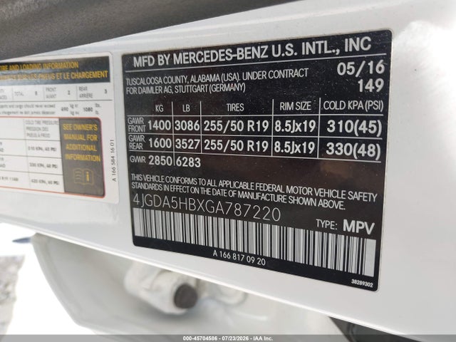 Aukcja sprzedaży 2016 Mercedes-benz Gle 350 4matic, vin: 4JGDA5HBXGA787220, numer aukcji: 45704586