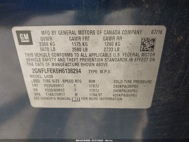 Продажа на аукционе авто 2017 Chevrolet Equinox Lt, vin: 2GNFLFEK6H6138294, номер лота: 45704595