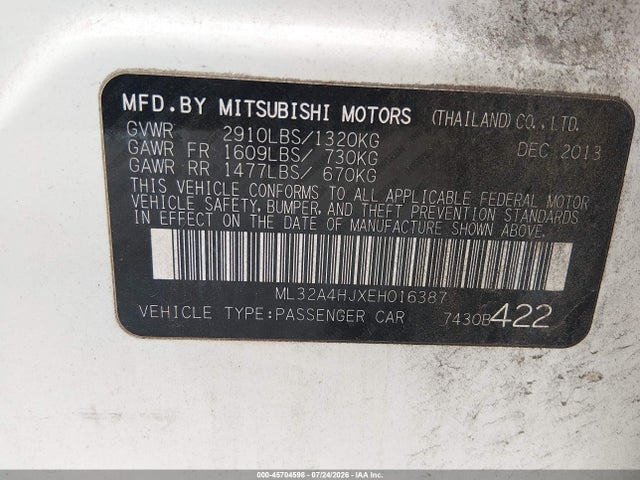 Продажа на аукционе авто 2014 Mitsubishi Mirage Es, vin: ML32A4HJXEH016387, номер лота: 45704598