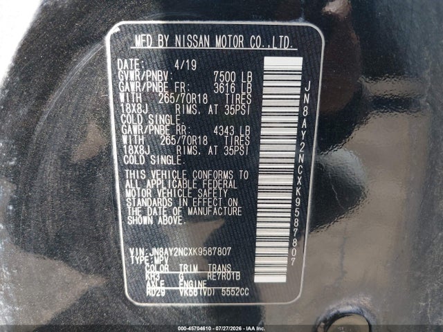Продажа на аукционе авто 2019 Nissan Armada Sv, vin: JN8AY2NCXK9587807, номер лота: 45704610