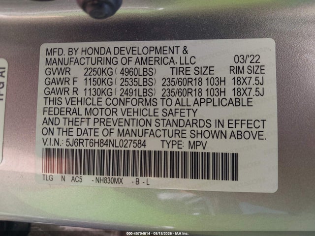Продажа на аукционе авто 2022 Honda Cr-v Hybrid Ex-l, vin: 5J6RT6H84NL027584, номер лота: 45704614