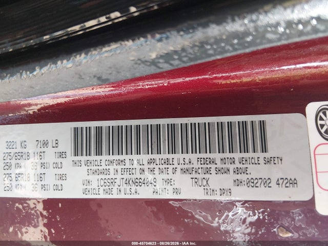 2019 Ram 1500 Laramie მანქანა იყიდება აუქციონზე, vin: 1C6SRFJT4KN664048, აუქციონის ნომერი: 45704623