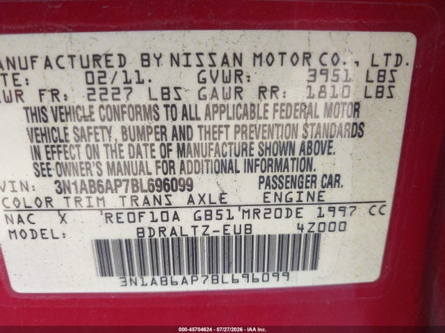 Продаж на аукціоні авто 2011 Nissan Sentra 2.0s, vin: 3N1AB6AP7BL696099, номер лоту: 45704624