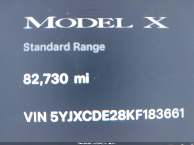 45704643 :رقم المزاد ، 5YJXCDE28KF183661 vin ، 2019 Tesla Model X 100d/75d/long Range/standard Range مزاد بيع