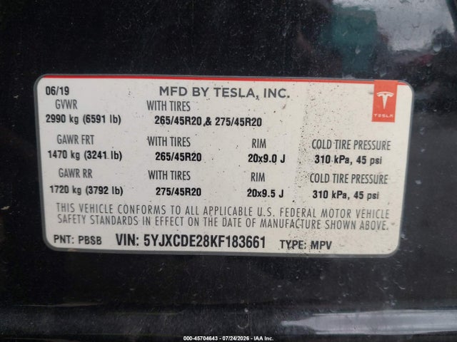 45704643 :رقم المزاد ، 5YJXCDE28KF183661 vin ، 2019 Tesla Model X 100d/75d/long Range/standard Range مزاد بيع