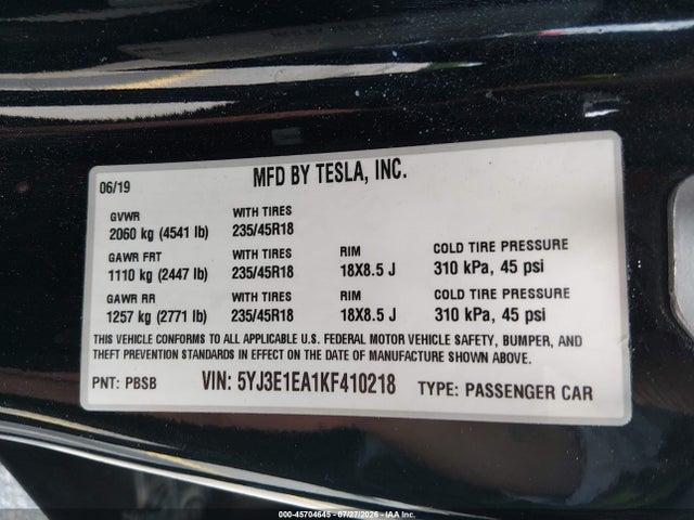2019 Tesla Model 3 Long Range/mid Range/standard Range/standard Range Plus მანქანა იყიდება აუქციონზე, vin: 5YJ3E1EA1KF410218, აუქციონის ნომერი: 45704645