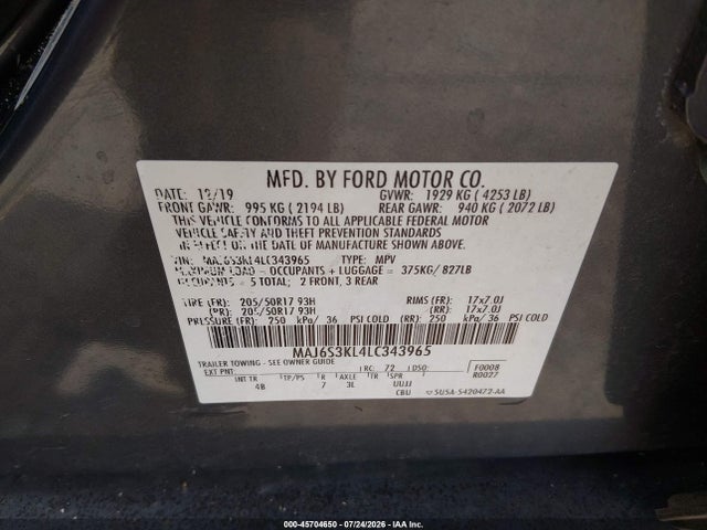 Продаж на аукціоні авто 2020 Ford Ecosport Titanium, vin: MAJ6S3KL4LC343965, номер лоту: 45704650
