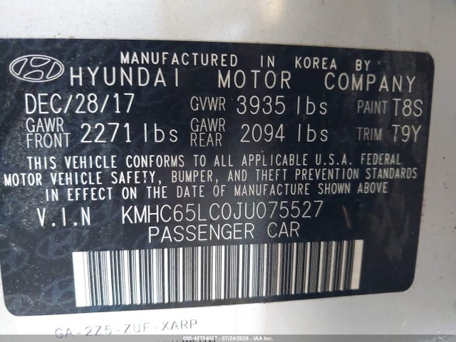 45704667 :رقم المزاد ، KMHC65LC0JU075527 vin ، 2018 Hyundai Ioniq Hybrid Blue مزاد بيع