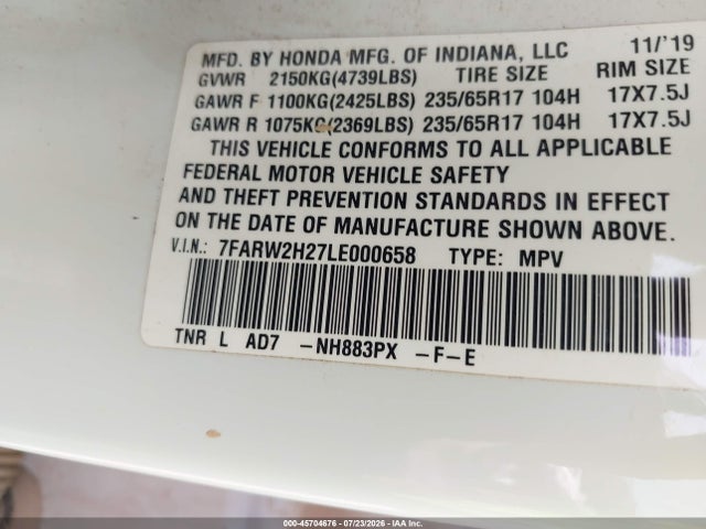 45704676 :رقم المزاد ، 7FARW2H27LE000658 vin ، 2020 Honda Cr-v Awd Lx مزاد بيع