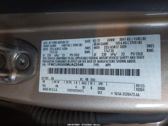 Auction sale of the 2021 Ford Escape Se, vin: 1FMCU9G6XMUA22548, lot number: 45704681