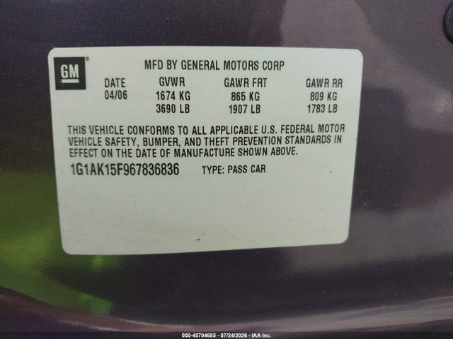 Aukcja sprzedaży 2006 Chevrolet Cobalt Ls, vin: 1G1AK15F967836836, numer aukcji: 45704685