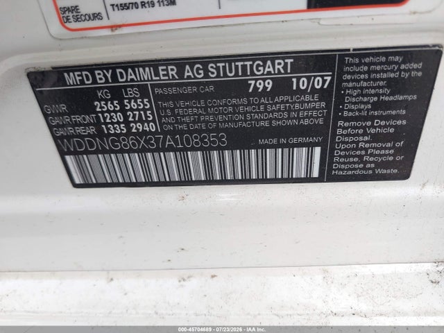 Aukcja sprzedaży 2007 Mercedes-benz S 550 4matic, vin: WDDNG86X37A108353, numer aukcji: 45704689