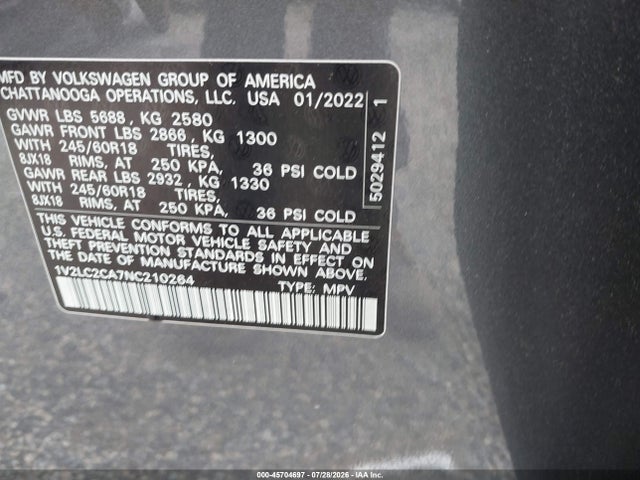 Продаж на аукціоні авто 2022 Volkswagen Atlas Cross Sport 2.0t Se, vin: 1V2LC2CA7NC210264, номер лоту: 45704697