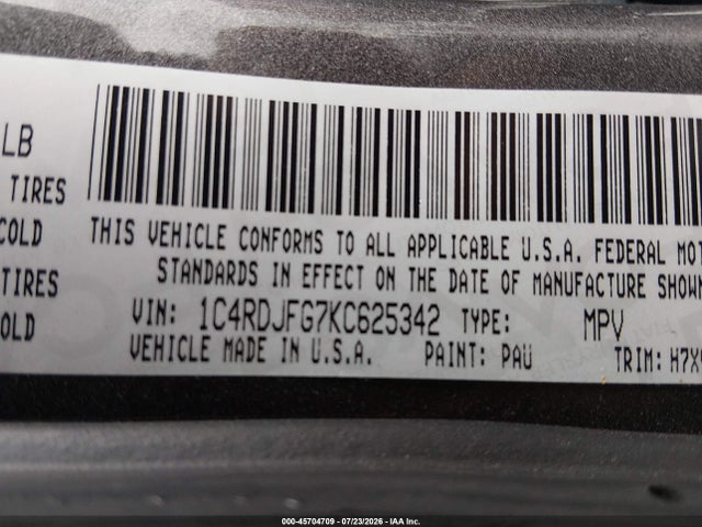45704709 :رقم المزاد ، 1C4RDJFG7KC625342 vin ، 2019 Dodge Durango Pursuit Awd مزاد بيع