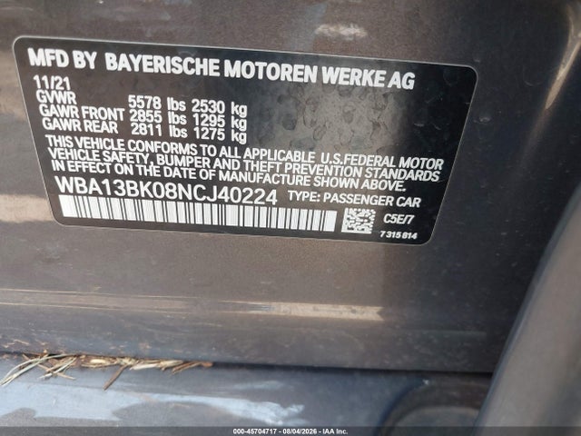 45704717 :رقم المزاد ، WBA13BK08NCJ40224 vin ، 2022 Bmw M550 I Xdrive مزاد بيع