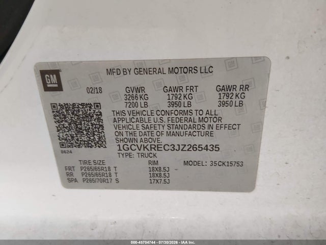 Aukcja sprzedaży 2018 Chevrolet Silverado 1500 2lt, vin: 1GCVKREC3JZ265435, numer aukcji: 45704744