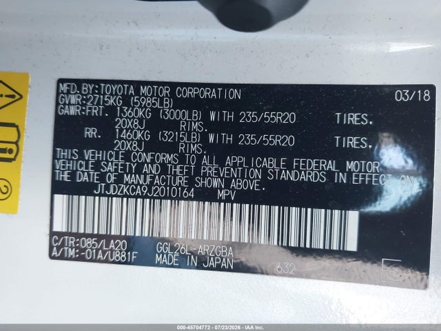 Aukcja sprzedaży 2018 Lexus Rx 350l Luxury, vin: JTJDZKCA9J2010164, numer aukcji: 45704772